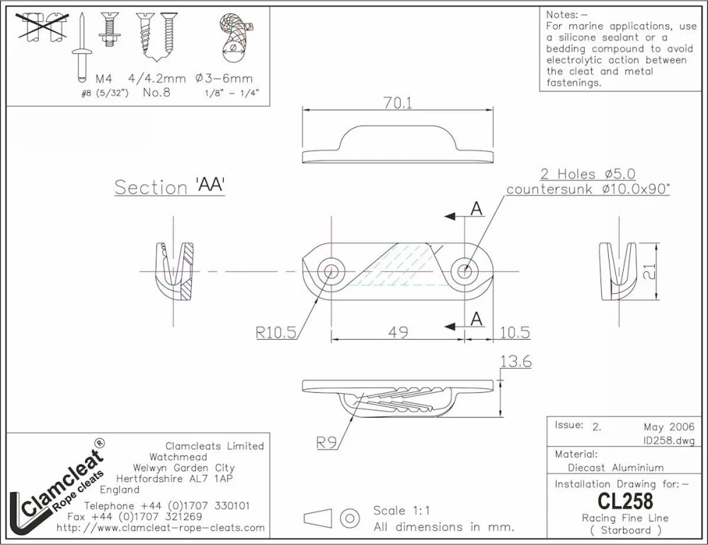 Clamcleat CL258 Racing Fine Line Starboard Rope Cleat 6mm - Image 4